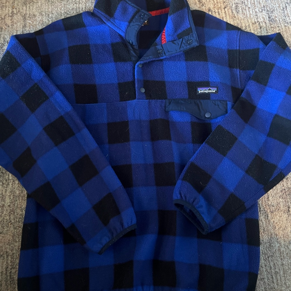 Patagonia Blue and Black Plaid Fleece Pullover
